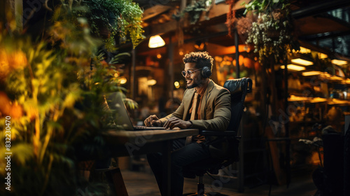 A hipster man works on his laptop at a cozy cafe desk with headphones  immersed in his task at nighttime