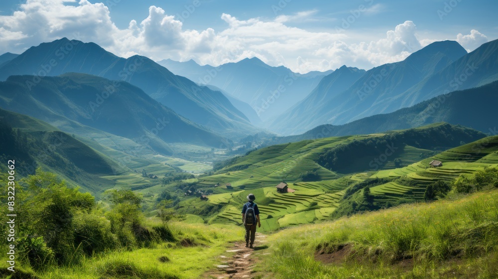 A traveler stands admiring a lush green valley with rice terraces and mountains A traveler stands admiring a lush green valley with rice terraces and mountains