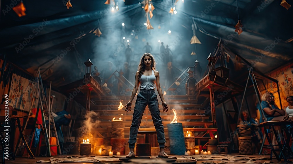 Dramatic scene with a female artist performing a fire act in a bustling circus tent with onlookers Dramatic scene with a female artist performing a fire act in a bustling circus tent with onlookers