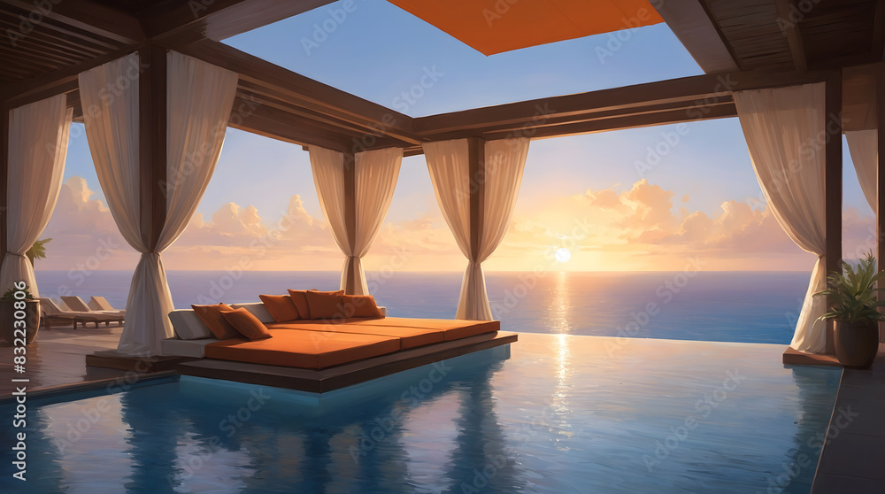 Fototapeta premium a pool with a view of the ocean and the sun shining through the curtains