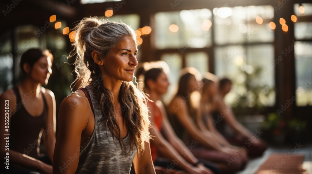 A serene woman enjoys a tranquil yoga session with a group, bathed in warm sunset light A serene woman enjoys a tranquil yoga session with a group, bathed in warm sunset light
