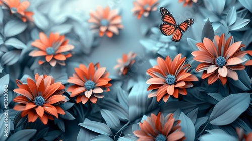 Serene close-up of vibrant orange flowers and a butterfly with blue foliage background creating a calm and natural composition.