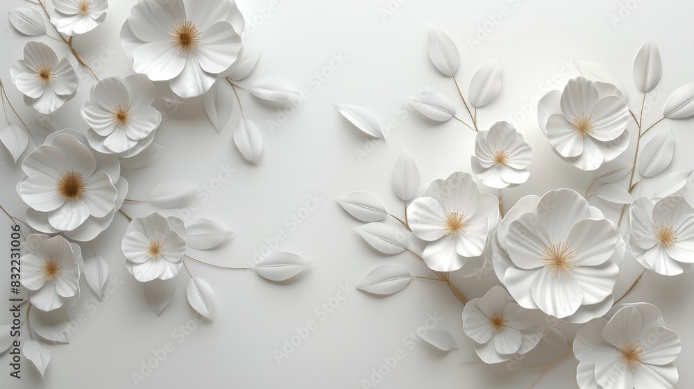 Elegant white paper flowers with leaves on a clean background, perfect for modern design projects, wedding invitations, and home decor. Elegant white paper flowers with leaves on a clean background, perfect for modern design projects, wedding invitations, and home decor.