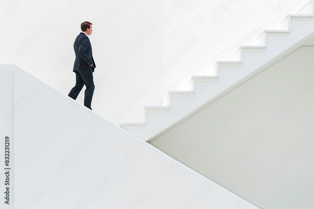 Businessman up the staircase over white background.conceptual business background