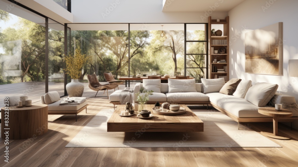 A modern living room with a panoramic view of the forest through floor-to-ceiling glass windows