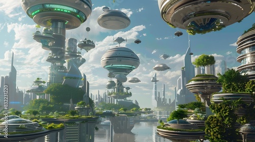 A futuristic city with floating gardens and hovercars photo