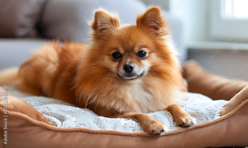 Pomeranian spitz lying on dog bed, Generative AI Pomeranian spitz lying on dog bed, Generative AI