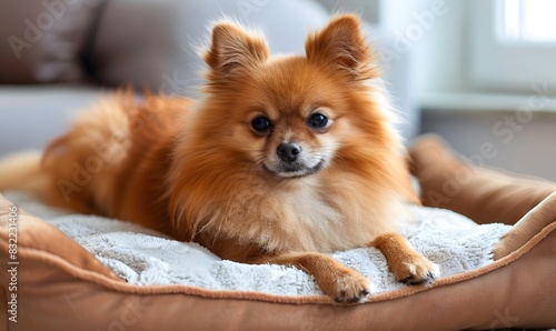 Pomeranian spitz lying on dog bed, Generative AI 