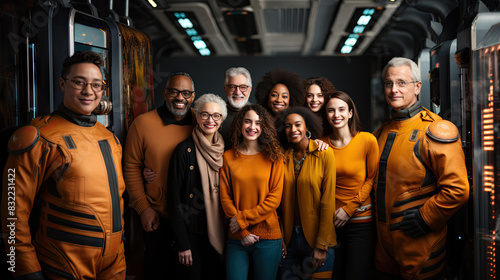 Fototapeta Naklejka Na Ścianę i Meble -  A diverse group of smiling people, styled as a futuristic space crew, in a spaceship corridor