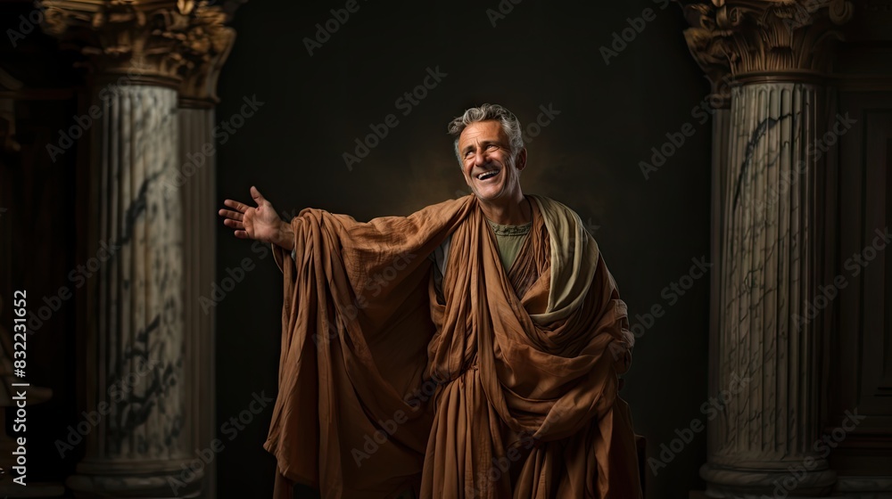 A man in a toga strikes a pose reminiscent of a classical Roman orator against a dramatic backdrop with columns