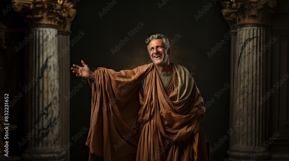 Naklejka premium A man in a toga strikes a pose reminiscent of a classical Roman orator against a dramatic backdrop with columns