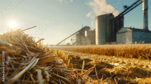Bioenergy plant converting agricultural residues into renewable biomass fuel for on-farm power generation, promoting energy independence.