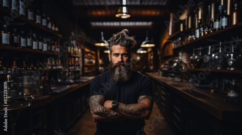 A bearded, tattooed man crosses his arms confidently while standing in a sophisticated bar