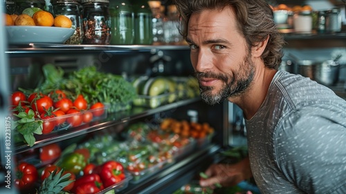 Casual man with a slight smile gazing into his well-stocked refrigerator full of vibrant vegetables and food jars