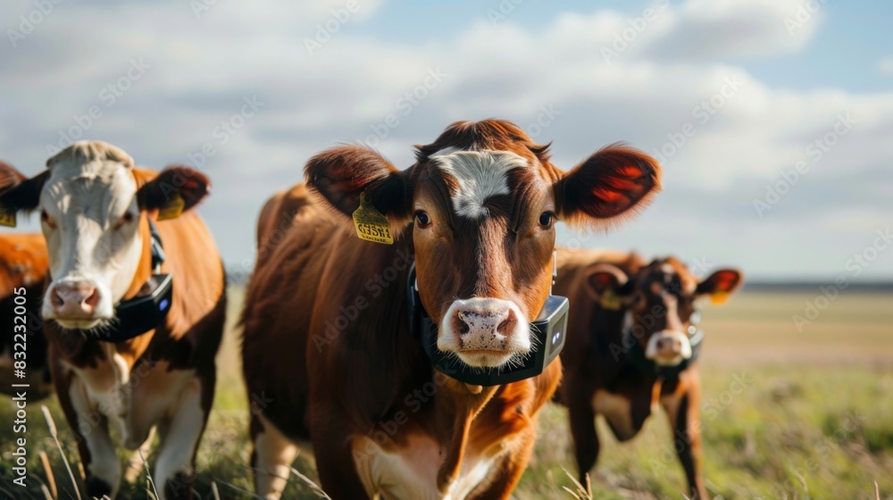 Cattle wearing smart collars for health monitoring and behavior analysis, enhancing precision livestock farming practices. Cattle wearing smart collars for health monitoring and behavior analysis, enhancing precision livestock farming practices.