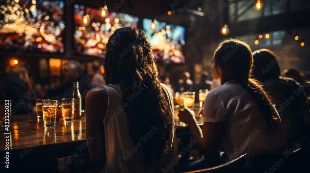 A woman at a dimly lit bar watches a game on TV, drinks on the table, with a social ambiance A woman at a dimly lit bar watches a game on TV, drinks on the table, with a social ambiance