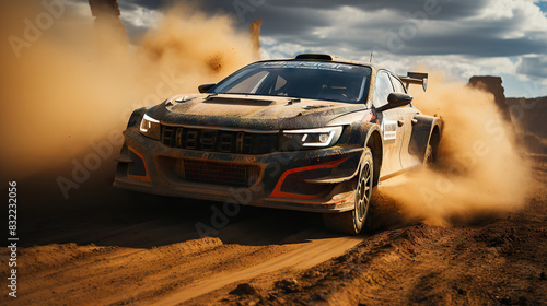 Powerful rally car speeds through a dusty desert track, emphasizing speed and motorsport