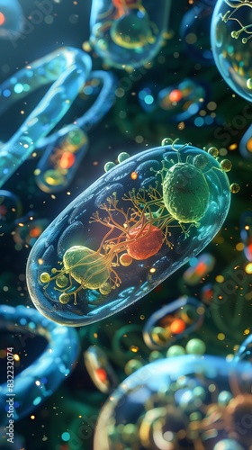 Illustrate a cellular landscape with mitochondria powered by Coenzyme Q10