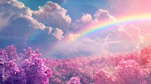 Fantasy world. Beautiful rainbow in sky with fluffy closeup