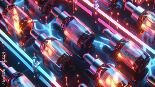 Futuristic arrangement of glass dropper bottles illuminated by neon lights, showcasing a high-tech and modern aesthetic with vibrant colors and reflections. photo