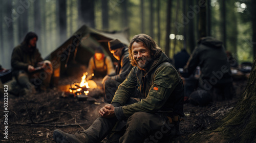 A content man enjoying the serenity of a campfire in a forest setting, representing adventure and outdoor life