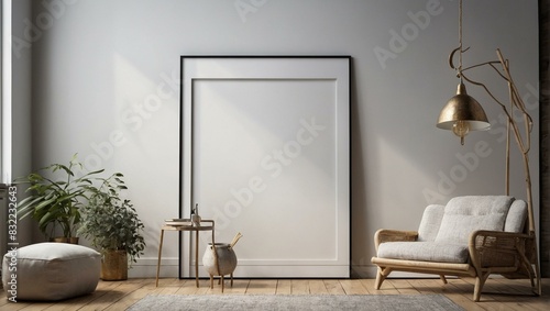 A tastefully decorated Scandinavian-style interior with an armchair  golden hanging lamp  and large empty frame on a wall