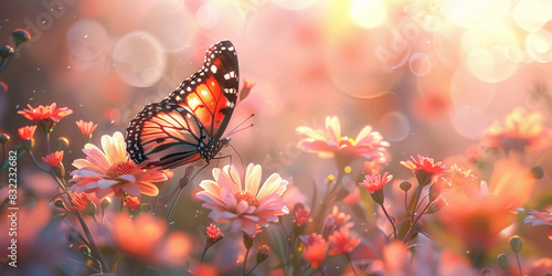 Beautiful butterfly perched on a vibrant flower in a sunlit meadow, surrounded by colorful blossoms and warm golden light, creating a serene and enchanting scene  © Nice Seven