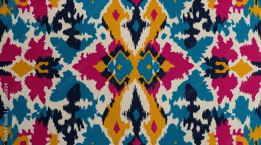 A vibrant and detailed ikat fabric pattern with a mix of pink, blue, and yellow tones as the main colors A vibrant and detailed ikat fabric pattern with a mix of pink, blue, and yellow tones as the main colors