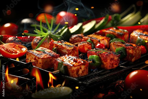Grilled vegetable skewers on a barbecue grill with flames and smoke, surrounded by fresh vegetables like tomatoes, peppers, and zucchini. photo