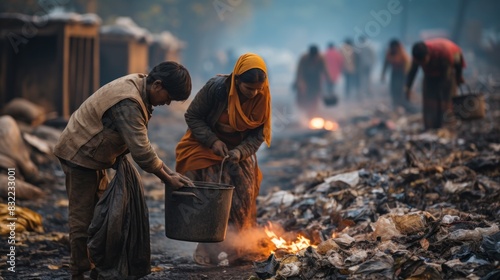 A somber scene depicting two individuals among waste and fire, highlighting environmental issues and poverty photo