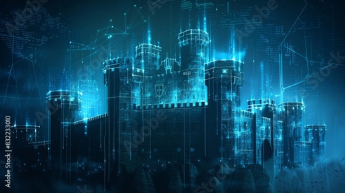 Depict the importance of cybersecurity investments with an image of a digital fortress protected by layers of encryption and firewalls --ar 16:9 --style raw photo