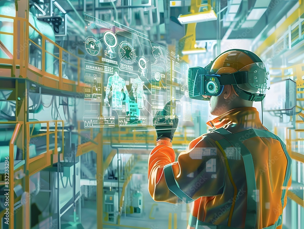 Illustration of Using AR and VR for training, maintenance, and design visualization in industrial environments. Ai Generate.