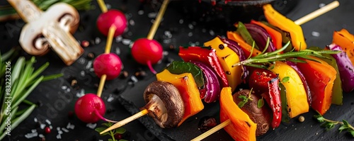 Colorful vegetable skewers with bell peppers, mushrooms, and radishes on a black slate surface, garnished with herbs. photo