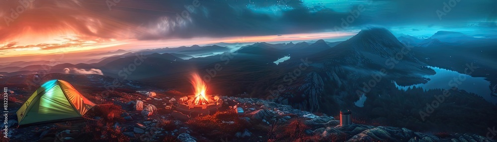 Scenic mountain campsite with a glowing campfire and vibrant tent at twilight, surrounded by majestic landscapes under a dramatic sky. Scenic mountain campsite with a glowing campfire and vibrant tent at twilight, surrounded by majestic landscapes under a dramatic sky.