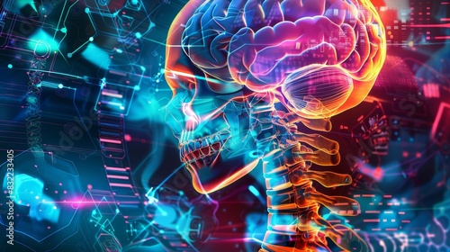 Futuristic 3D rendered image of a human skull and brain with glowing neon lights and digital elements, showcasing advanced technology and AI concepts.