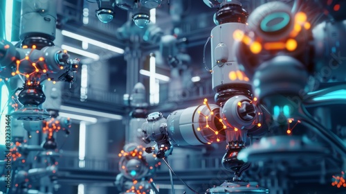 Futuristic robotics laboratory with advanced AI machines and glowing lights  showcasing high-tech innovation and cutting-edge technology.