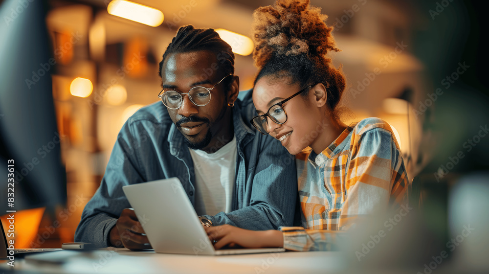 Diverse Team Collaborates on App Development Using Laptop in Office Diverse Team Collaborates on App Development Using Laptop in Office