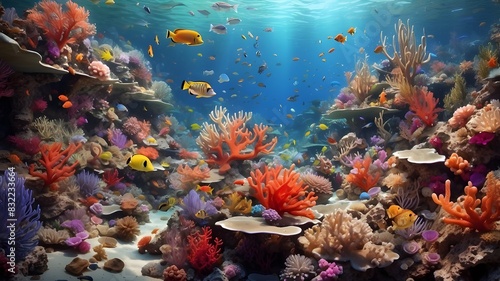 Imagine a vibrant coral reef, detailing the various types of coral, fish, and marine creatures that inhabit it.
