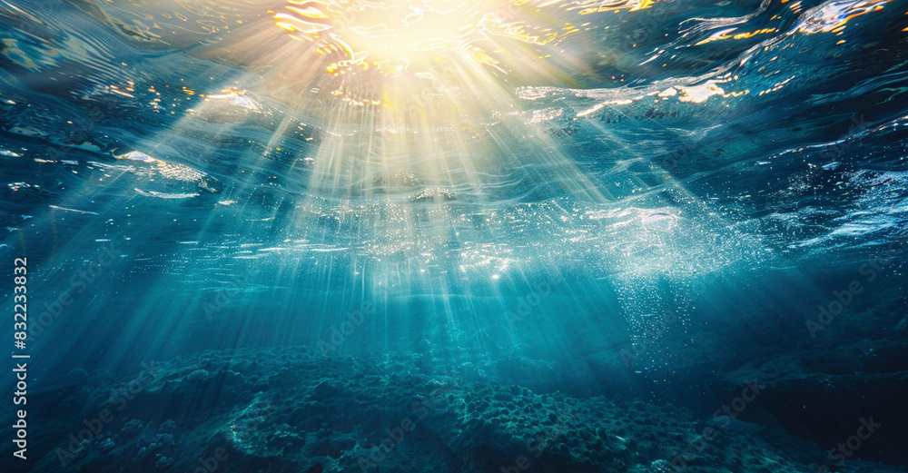 Naklejka premium Underwater Sunlight Rays in Ocean Depths 