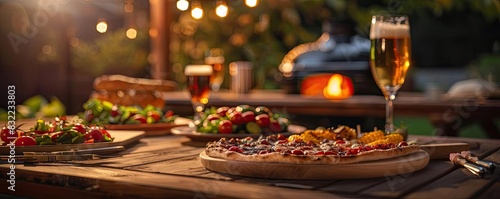 Outdoor dining scene with wood-fired pizzas, salads, and drinks on a rustic wooden table, lit by string lights, in a cozy evening ambiance. photo
