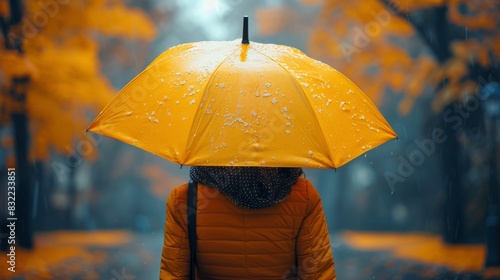 A person is hidden under a yellow umbrella amidst the autumn rain and falling leaves