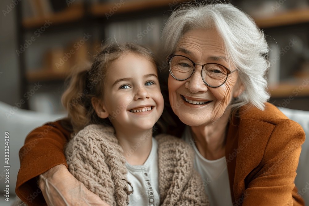 Joyful Grandmother and Granddaughter Sharing Laughter and Hugs on Sofa at Home Joyful Grandmother and Granddaughter Sharing Laughter and Hugs on Sofa at Home