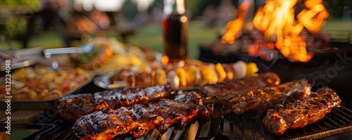Delicious BBQ meats and vegetables grilling over an open flame, perfect for a summer outdoor cookout and gathering.