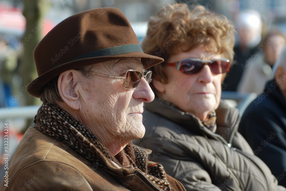 Elderly woman with hat and sunglasses in the street. Elderly woman with hat and sunglasses in the street.