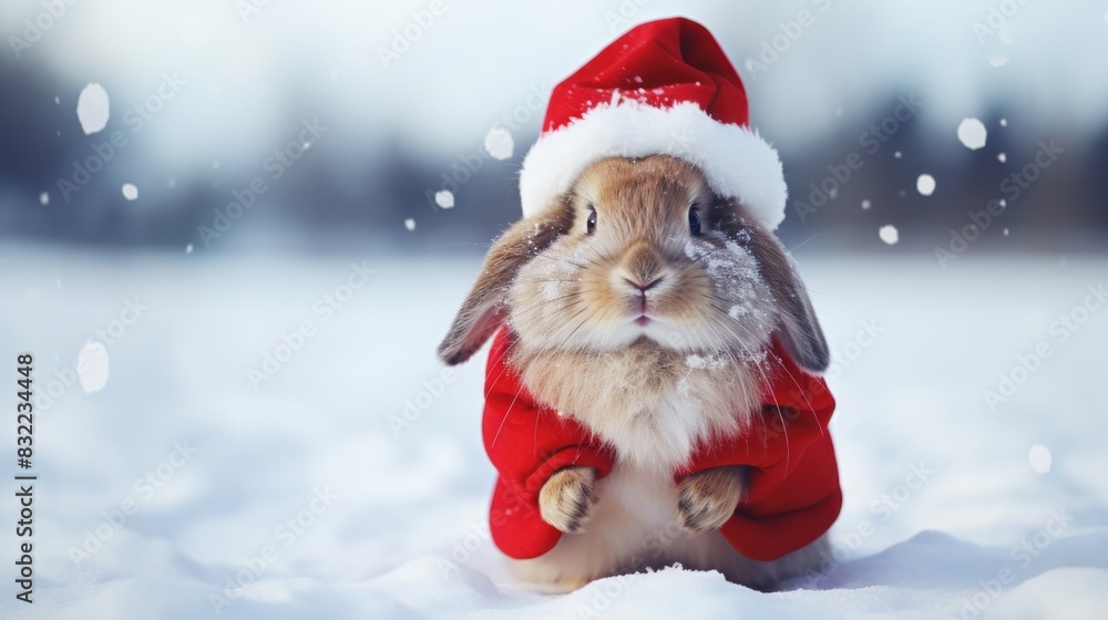 Portrait of a rabbit in Santa hat. Christmas background. Portrait of a rabbit in Santa hat. Christmas background.