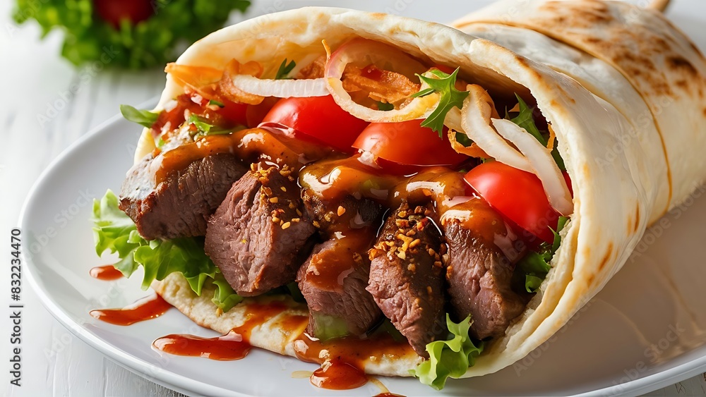 A mouthwatering, close-up food photography of a delicious doner kebab. A mouthwatering, close-up food photography of a delicious doner kebab.