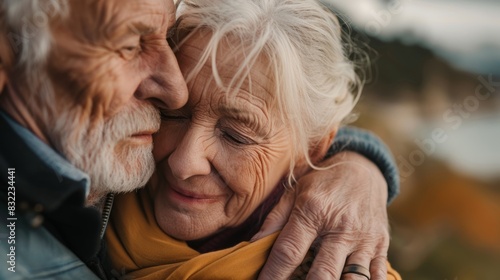 Retirement couple kisses face and forehead with affection, care, or dedication. Man, woman, and pensioner hug over romance, smile, or happiness in park marriage. photo