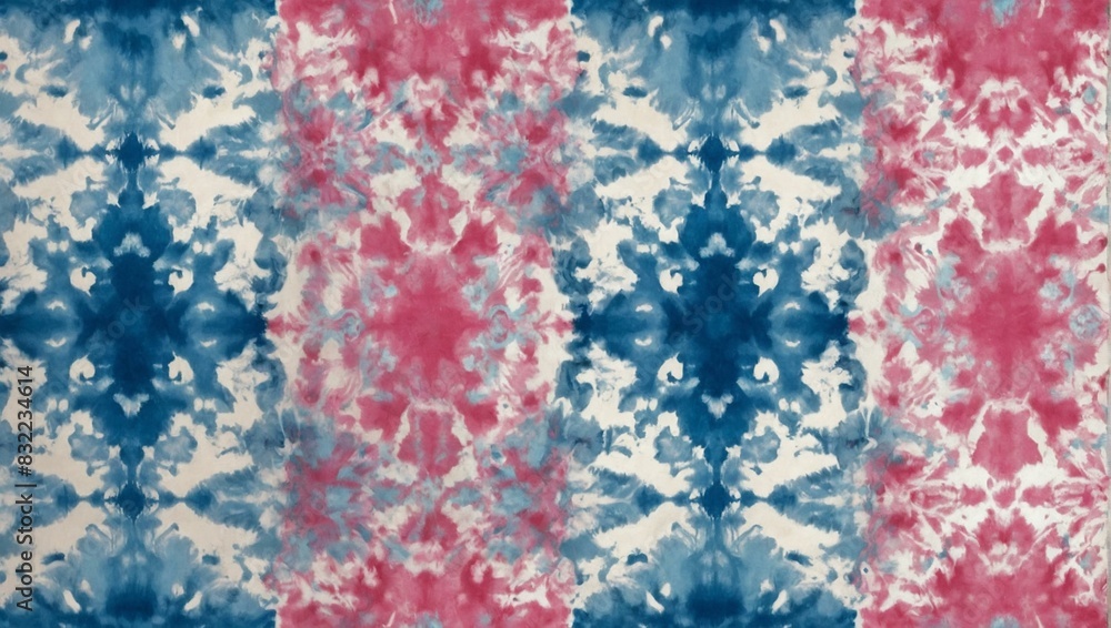 Artistic tie-dye ink pattern with a symmetrical design in blue and pink shades, creating a textured background Artistic tie-dye ink pattern with a symmetrical design in blue and pink shades, creating a textured background