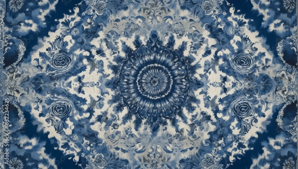 A symmetrical kaleidoscopic texture with an intricate blue and white floral design; elegant and classic A symmetrical kaleidoscopic texture with an intricate blue and white floral design; elegant and classic