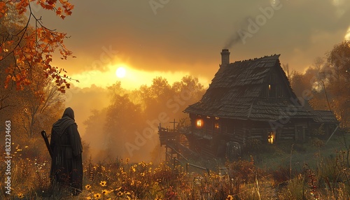 A lone figure stands in a field of sunflowers, gazing at a rustic wooden cottage bathed in the golden glow of sunset.